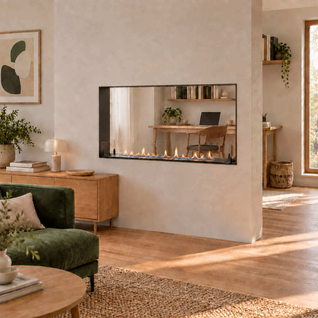 Foco Two 1000 Slim built into a partition wall between a living room and home-office nook, lit flame visible from both sides, correct oblique camera perspective