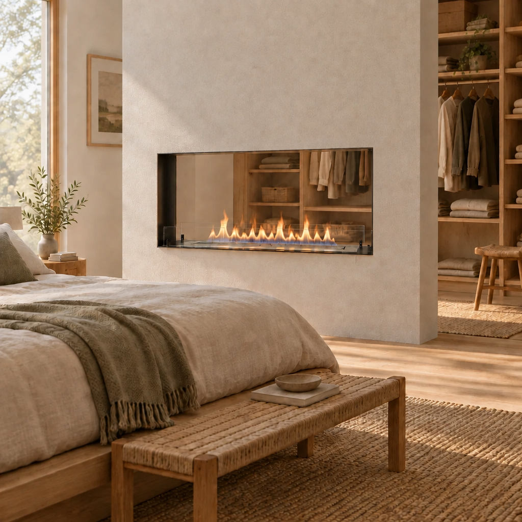 Foco Two 1200 Slim built into a partition wall between a bedroom and a walk-in dressing nook, lit flame visible from both sides, correct oblique camera perspective