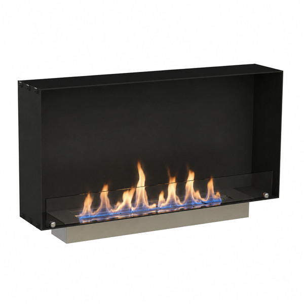 Foco One 1000 Slim built-in bioethanol fireplace with lit flame, white background studio shot