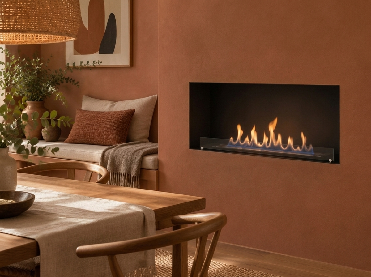 Foco One 1200 Slim flush built-in to a terracotta dining nook accent wall with lit ethanol flame