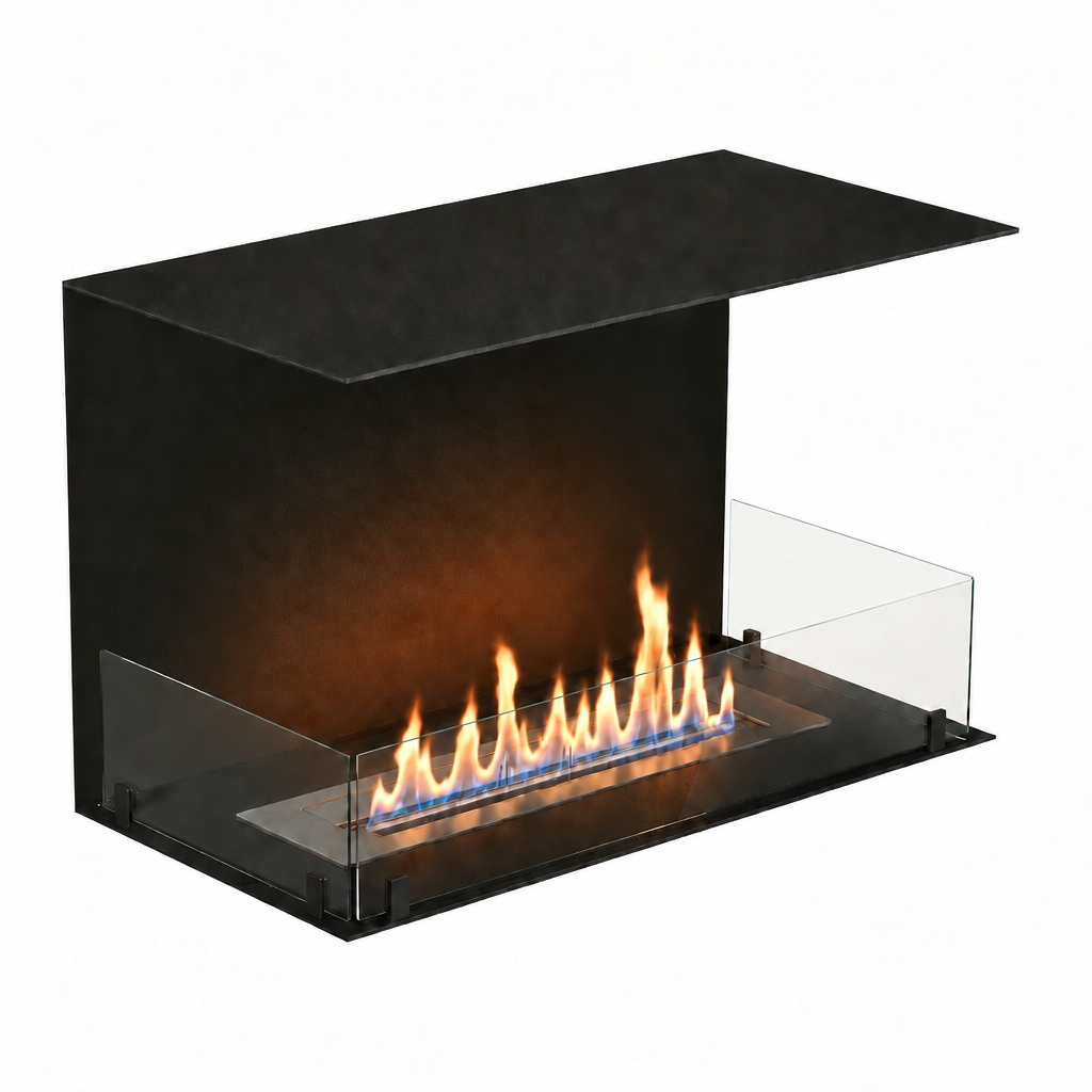 Foco Three 800 with a realistic lit ethanol flame, white-background studio shot.