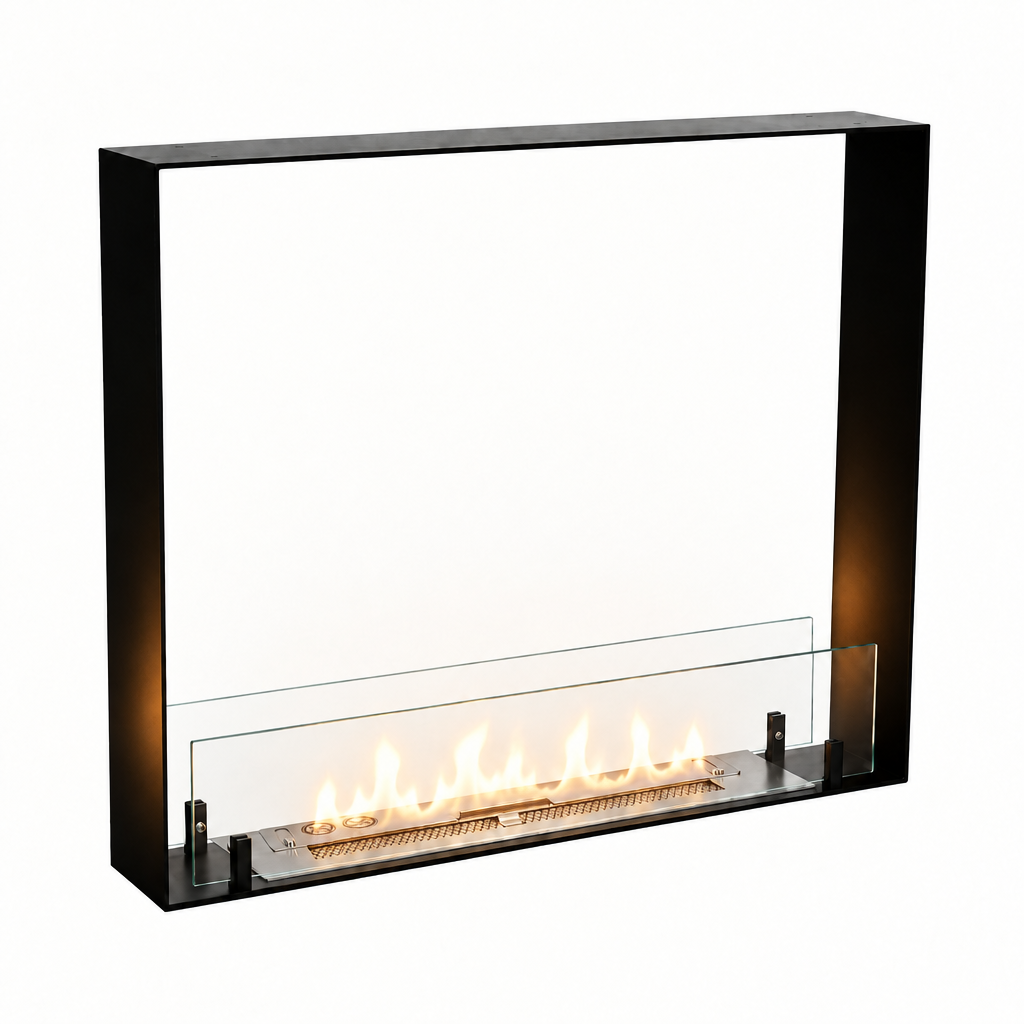 Foco Two 600 Ultra Slim bioethanol fireplace with lit flame, white background studio shot