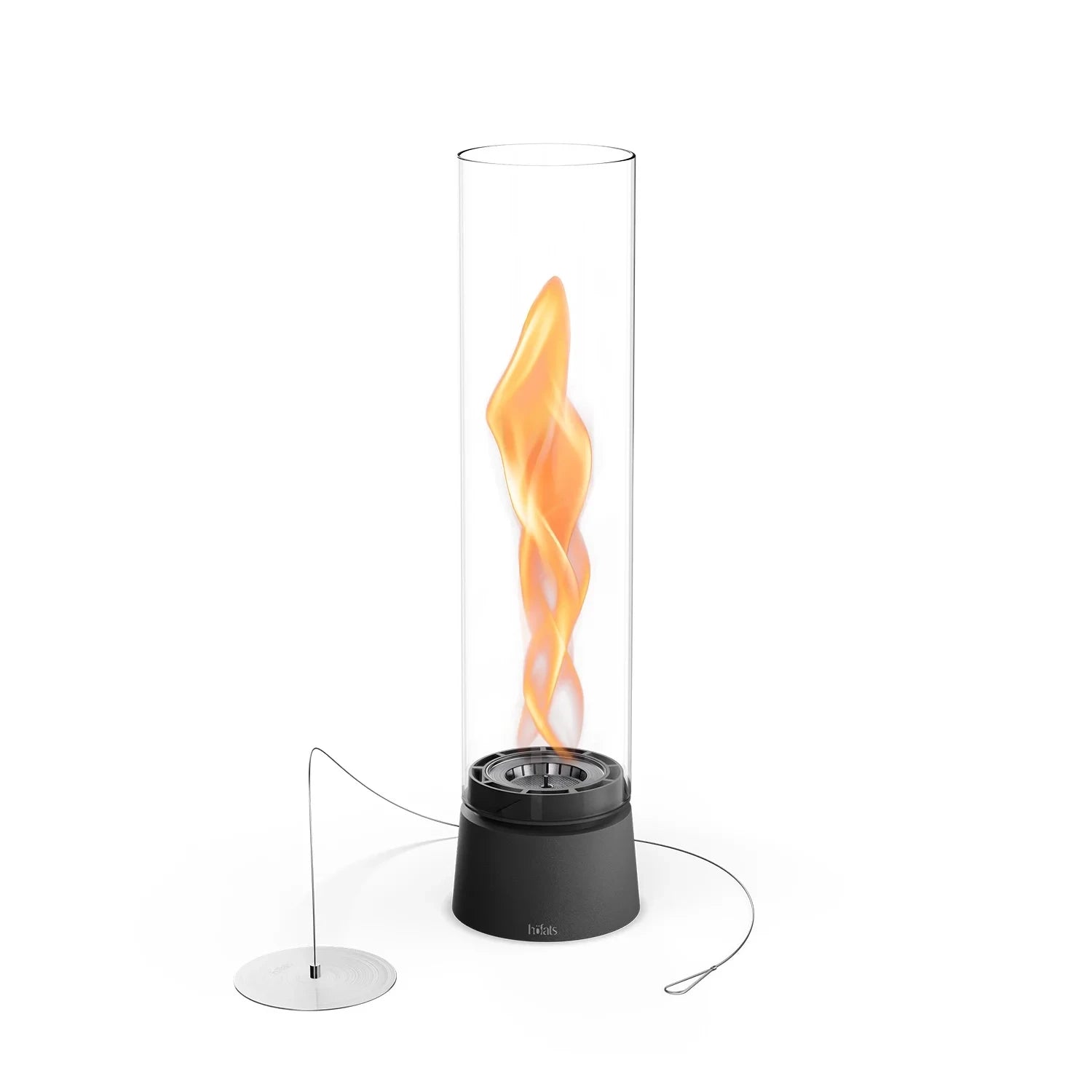 Höfats SPIN Air 900 matte black tabletop fireplace with high cylindrical glass and rotating flame