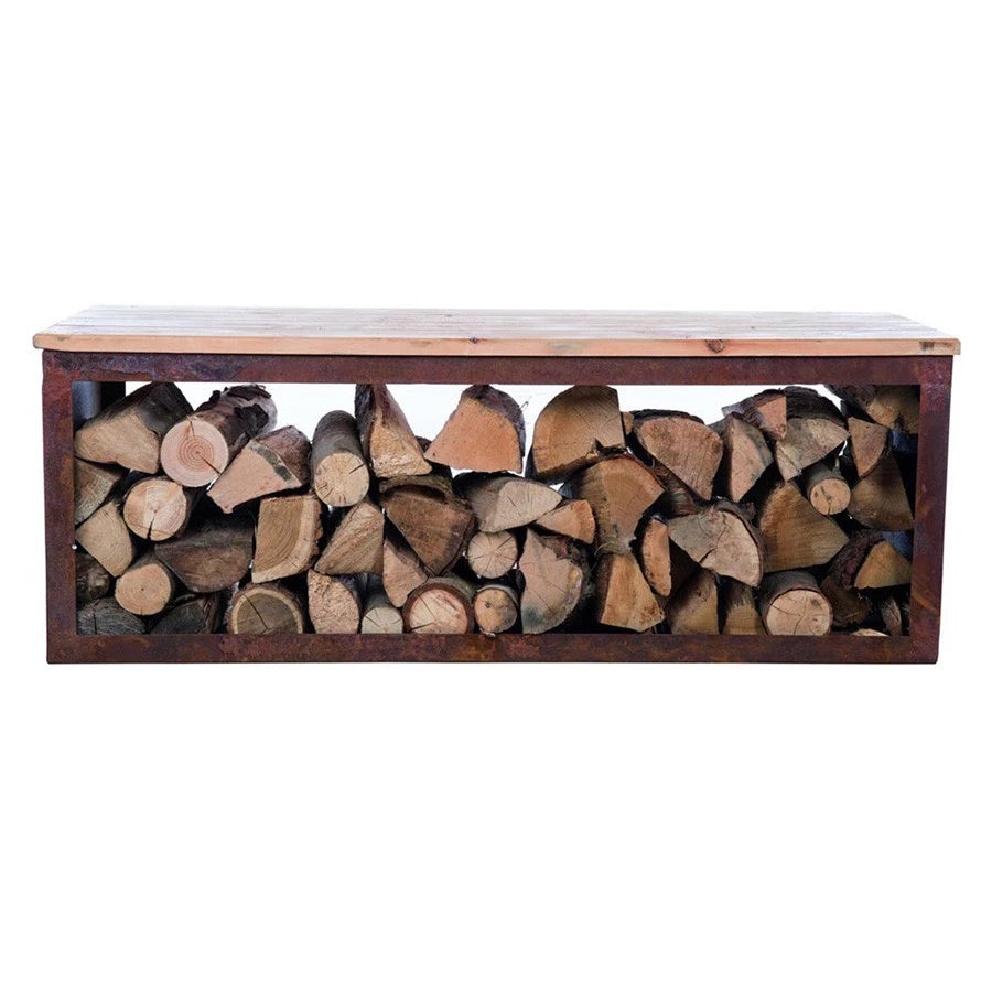 Banc avec Stockage de Bois en Acier Corten