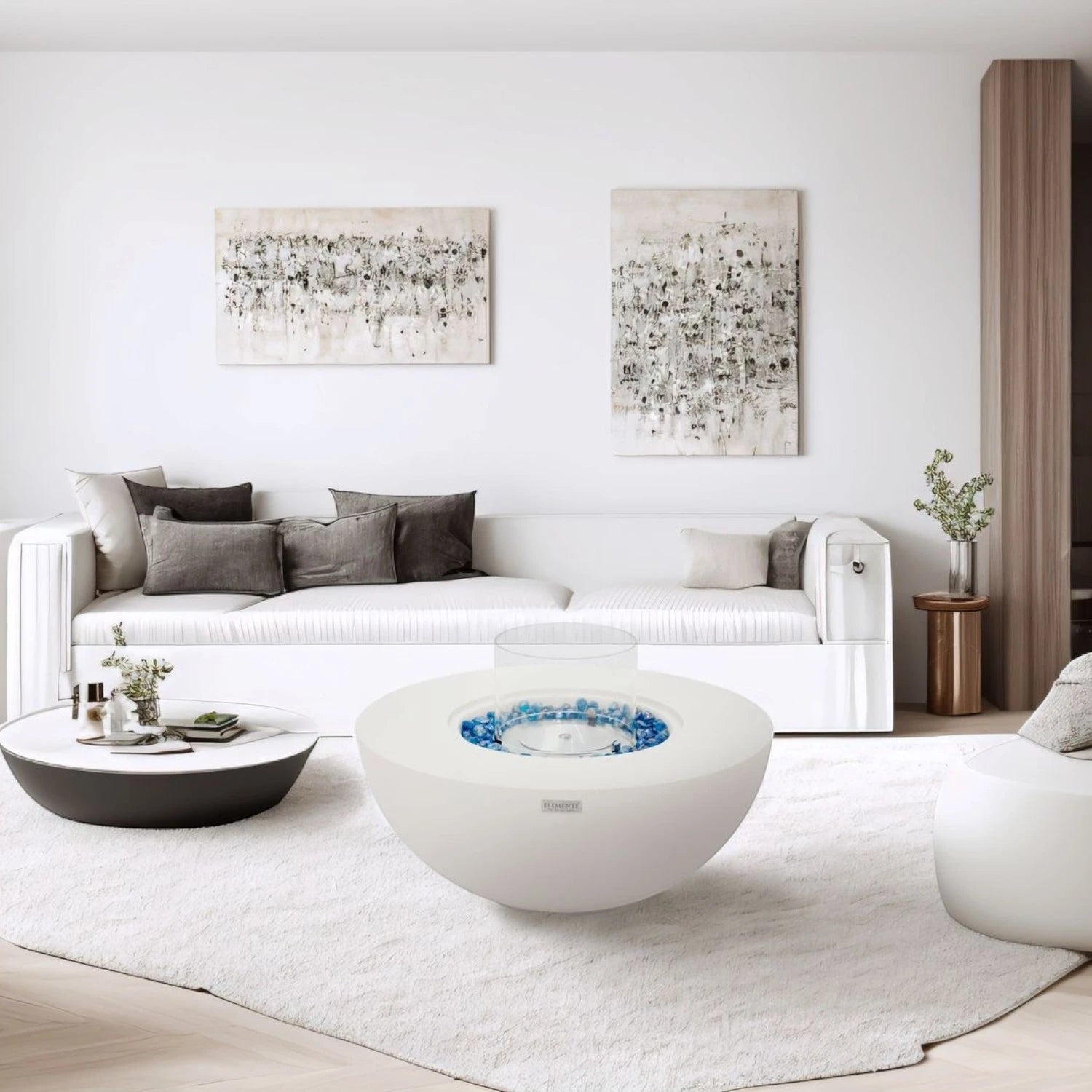 FOYER ROCA Cheminée bioéthanol – Blanc crème. Offrez-vous une atmosphère raffinée et enveloppante, conforme à la norme EN 16647, avec assistance française et vidéos de démonstration en showroom.