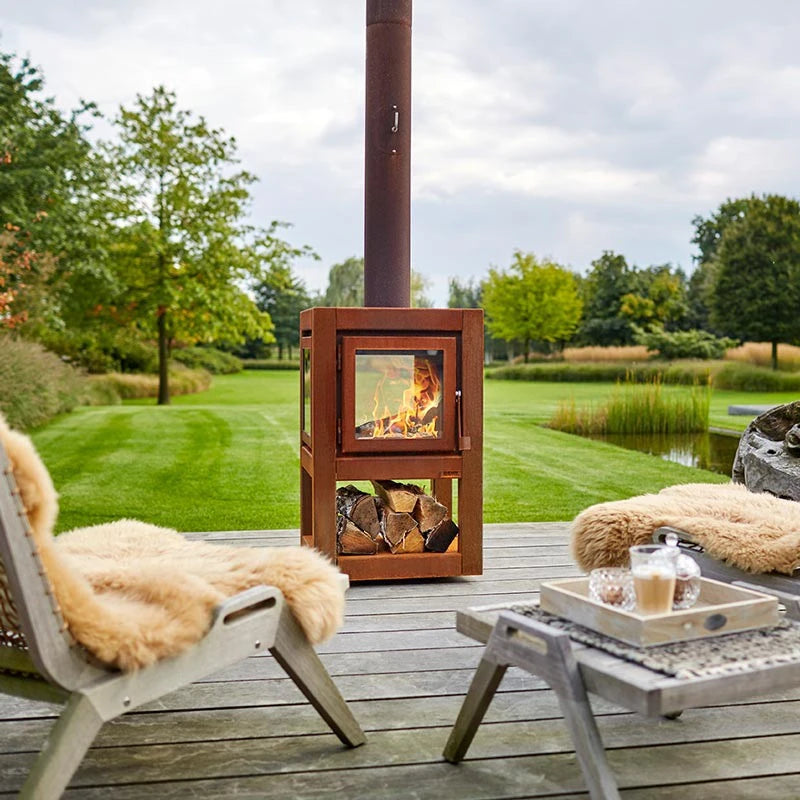 Quaruba L mobile rusted steel fireplace for the garden